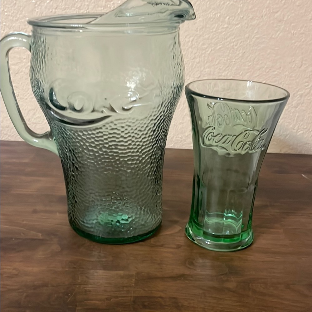 Coca Cola Green Glass Pitcher and Tumbler Set